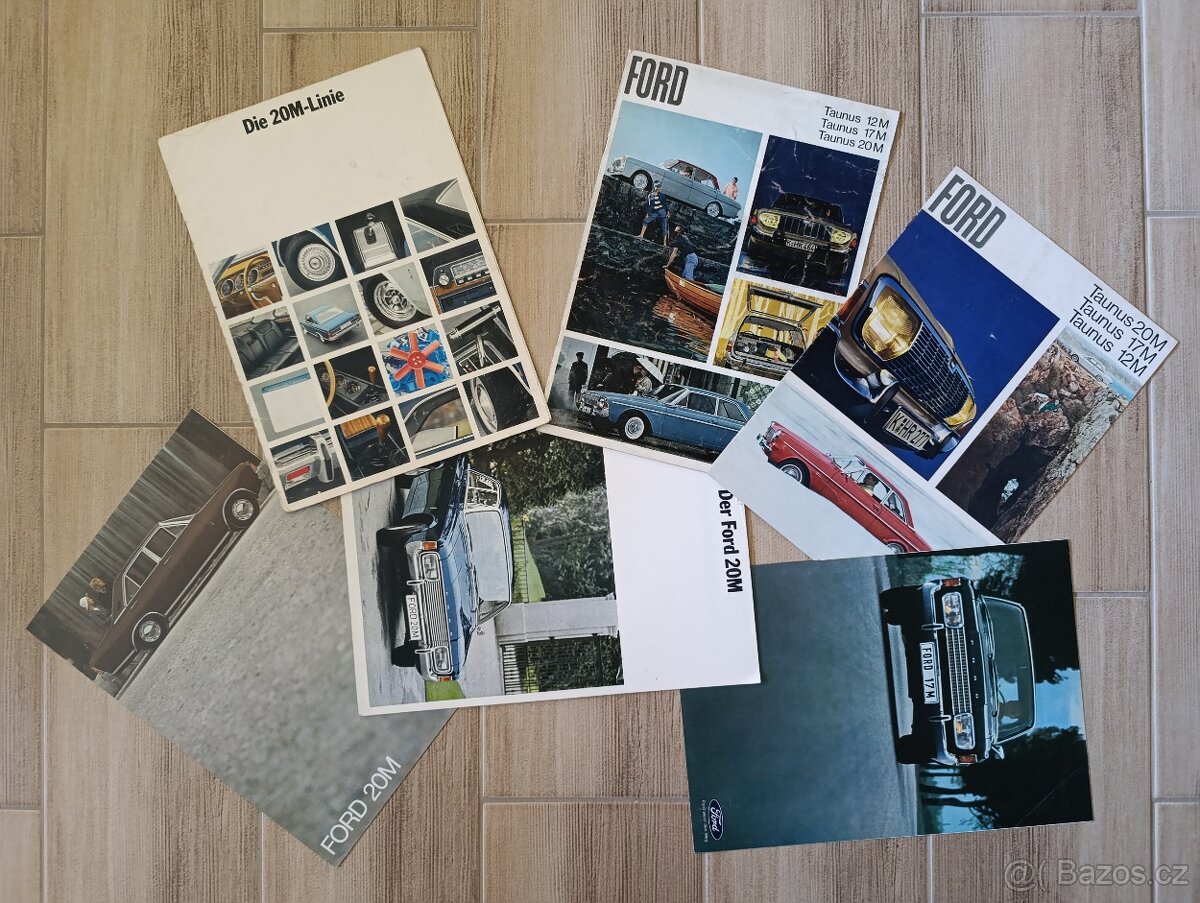 Prospekty Ford Escort Cortina Taunus a další 60.-90. léta.