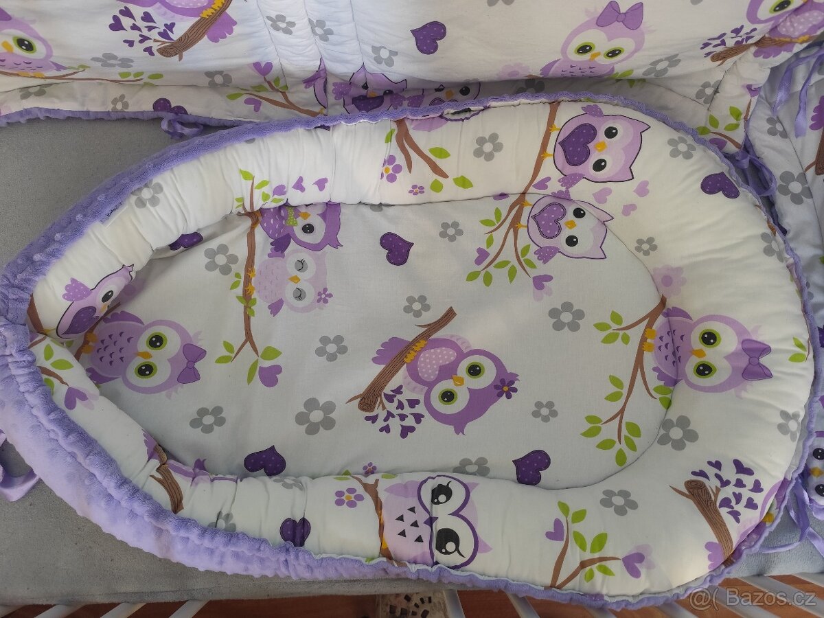 Hnízdečko s mantinely do postýlky – fialové sovičky - 2