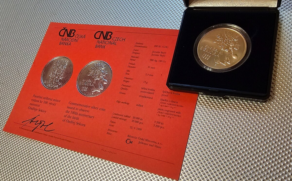 Pamětní stříbrná mince ČNB 200 Kč Ondřej Sekora 1999 - 2
