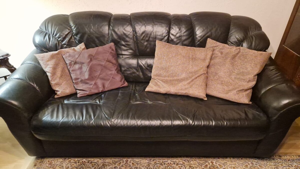 Sedací souprava kožená černá třídílná - 2