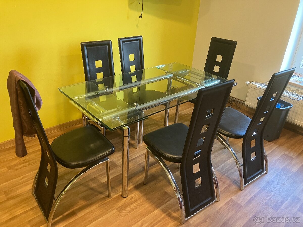 ✅ Jídelní skleněný stůl | rozkládací | chrom/sklo | 6x židle - 2