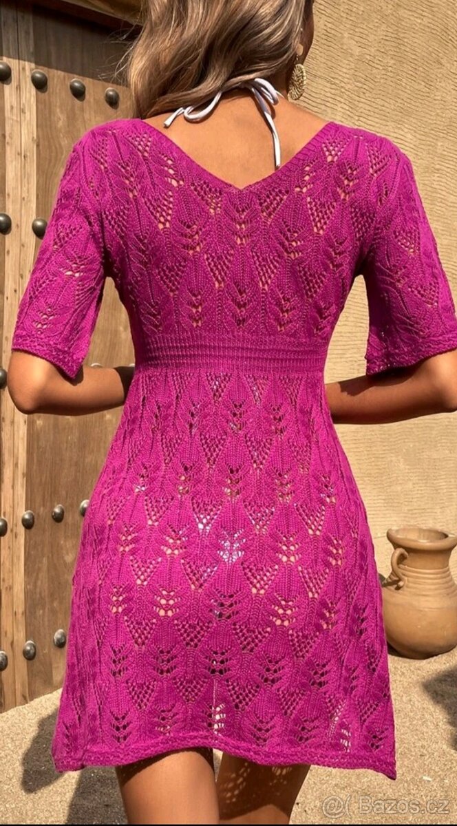 Nové krásné háčkované šaty na pláž, fuchsiové barvy, vel. M - 2