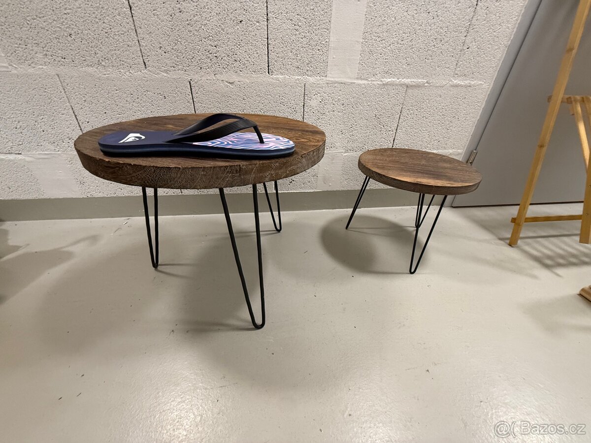 Prodám set 2 kulatých stolků – dřevodekor, černé kovové nohy - 2