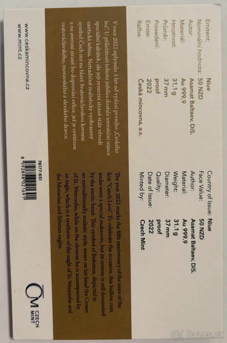 Zlaté a strieborné mince Český lev, Slovenský orol a J.Tolar - 2