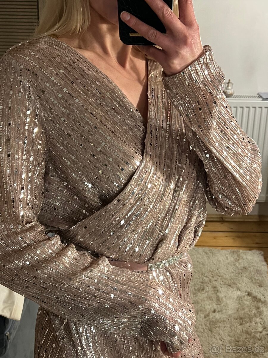 Pudrové midi šaty zn. Lilium s flitry - 2