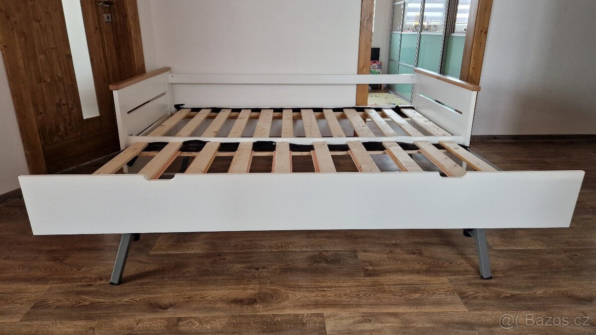 Postel 2v1 – výsuvné dvojlůžko, bílo-dřevěná, 190×180 - 2