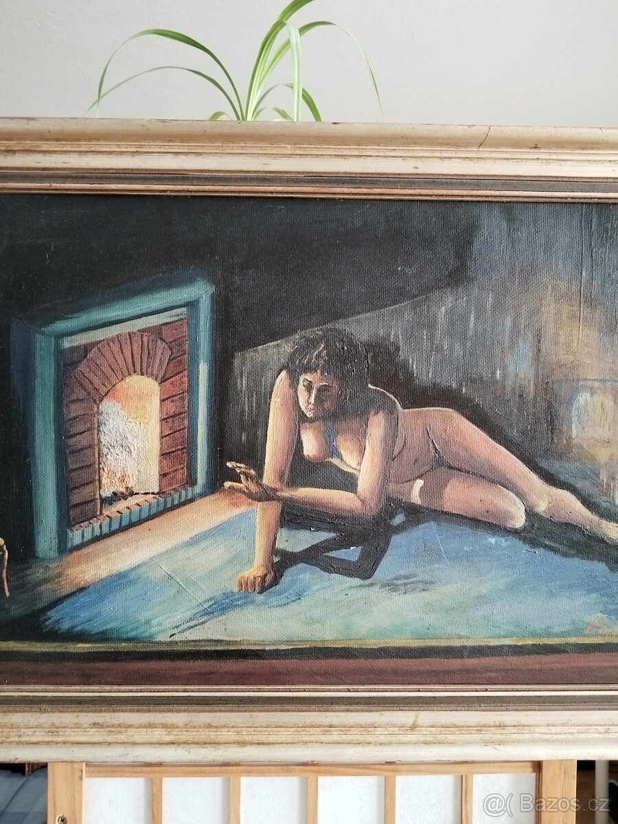 obraz DÍVKA U KRBU, akt, olej, sign. Hájek - 2