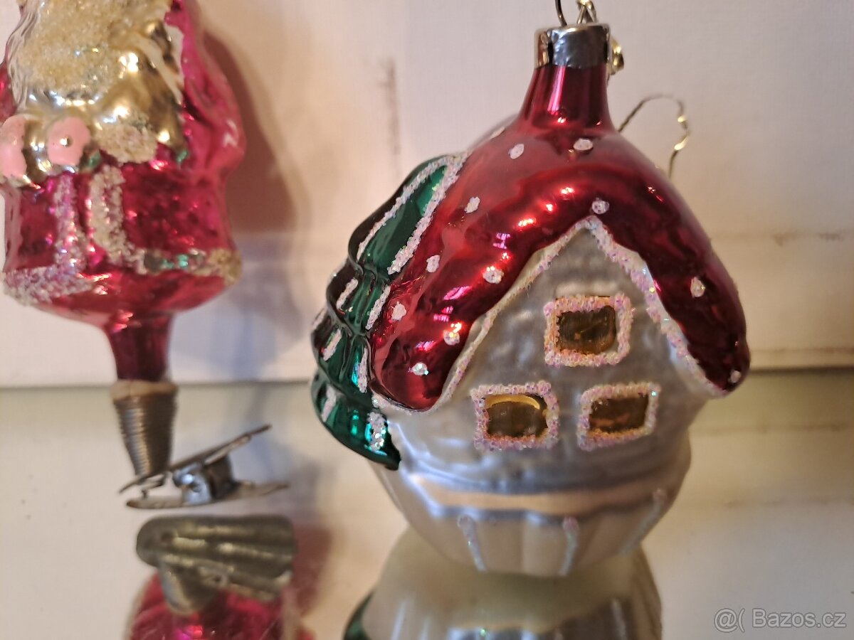 Starožitné vánoční ozdoby Santa Claus a domek - 2