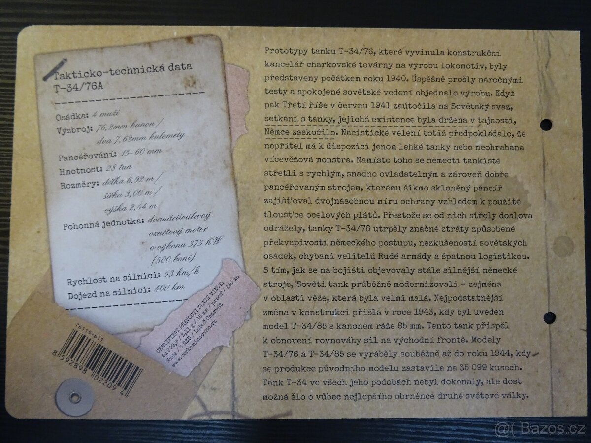 Zlatá mince Obrněná technika - T-34/76 proof - 2