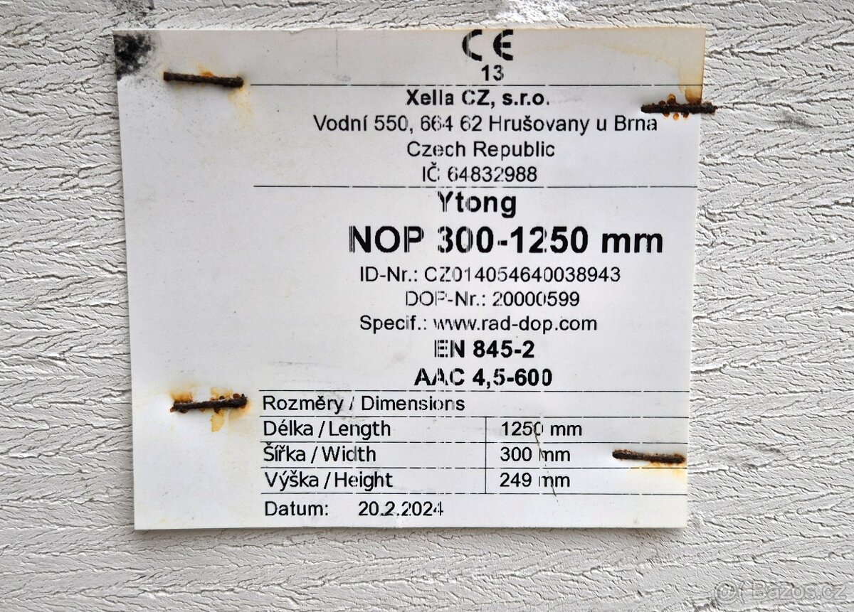 PŘEKLADY YTONG 300x249-1250, 2500 - 2