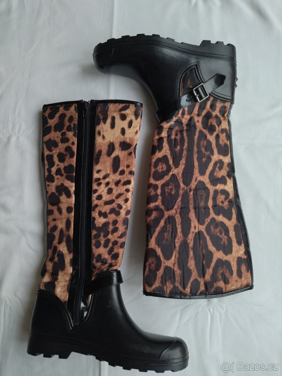 Kozačky holínky černé + leopardí vzor, vel. 37/38 - 2