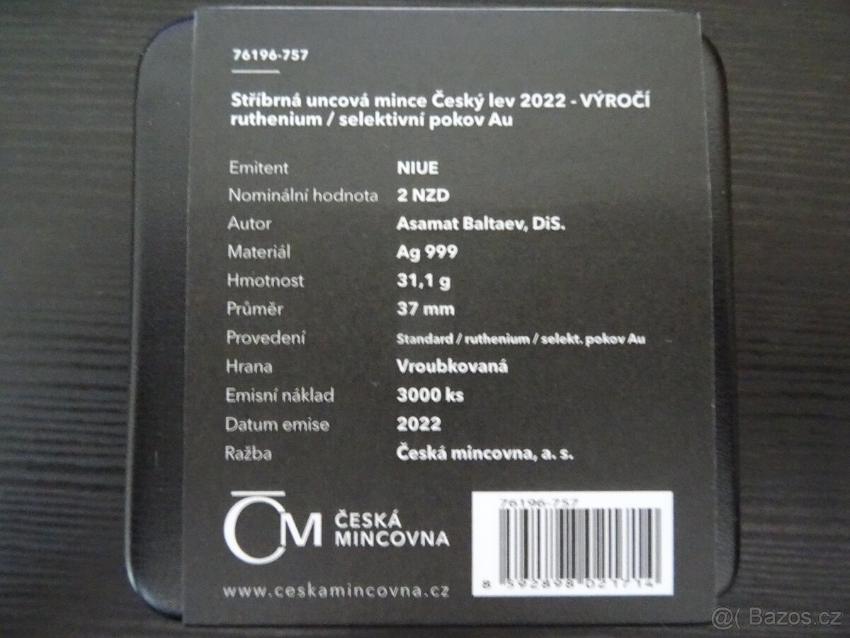 Stříbrná uncová investiční mince Český lev 2022 ruthenium - 2