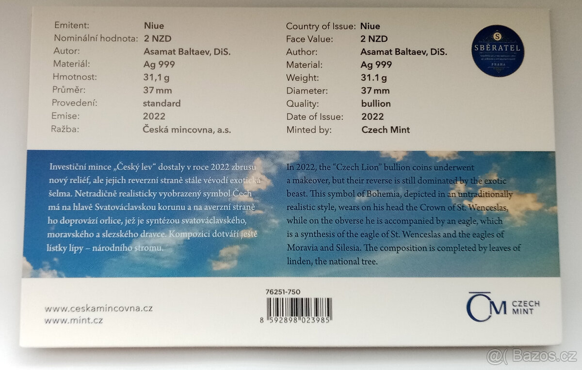 Stříbrná mince Český lev 2022 SBĚRATEL - č. 1374 - 2