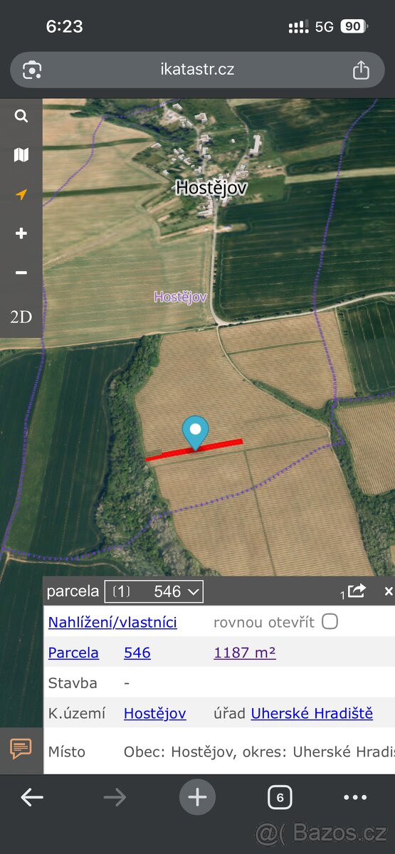 Prodám 1/4 podíl na pozemku – vinice, Hostějov (parc. č. 546 - 2
