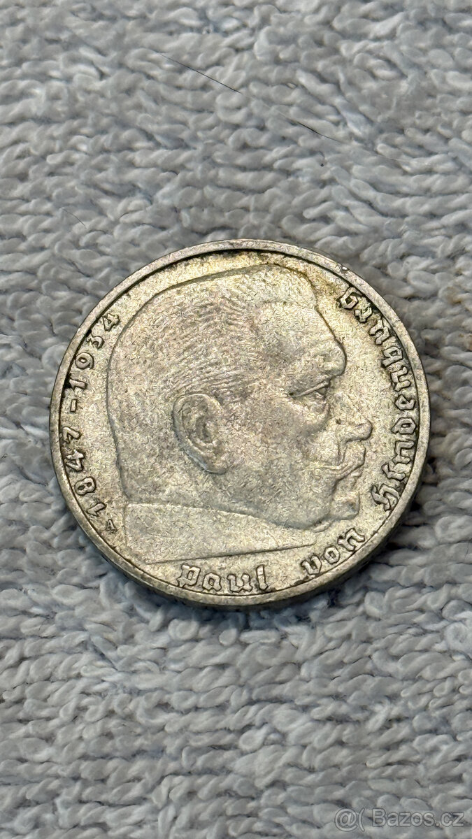 Německo – 2 Reichsmark 1937 (Paul von Hindenburg, Ag 625/100 - 2