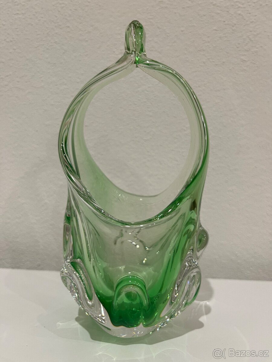 Hutní sklo - zelená váza, popelník a košíček - 2