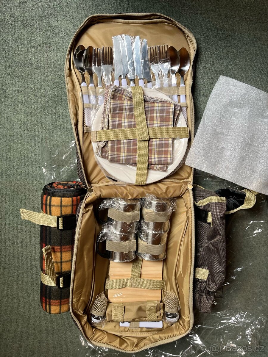 Piknikový batoh pro 4, nerez hrnky, nádobí plast, khaki - 2