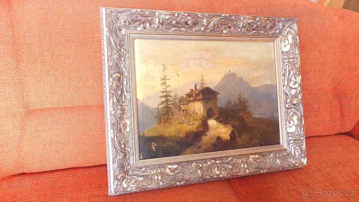 A206_ Obraz, krajina, hory, retro, olej na plátně - 2