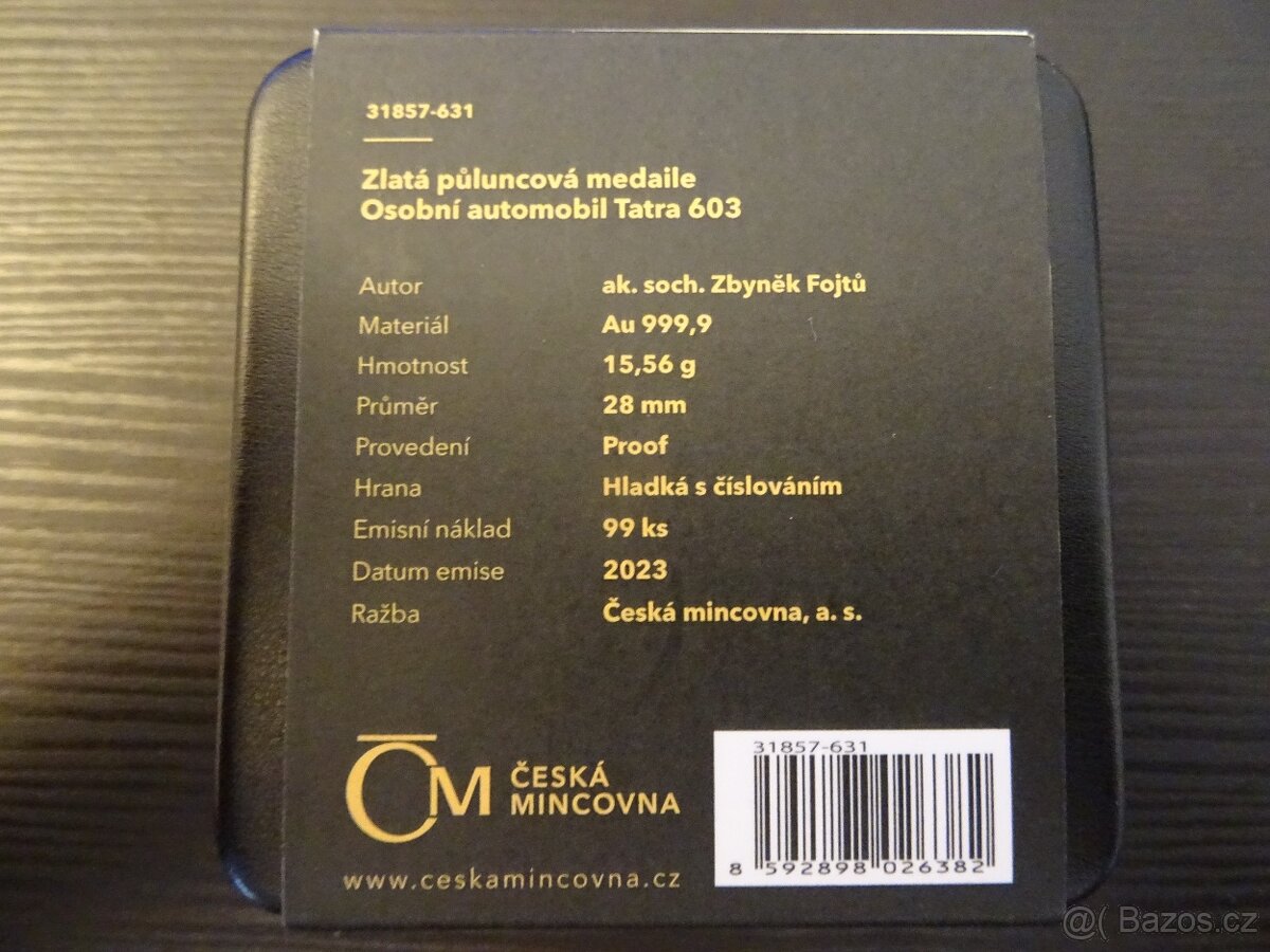 Zlatá půluncová medaile Osobní automobil Tatra 603 proof - 2