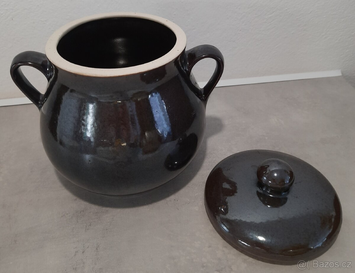 Keramická dóza na sádlo s ušima a pokličkou - sádlák - 2