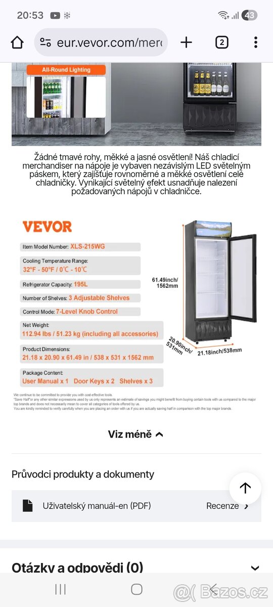 Prosklená lednice 195L - 2