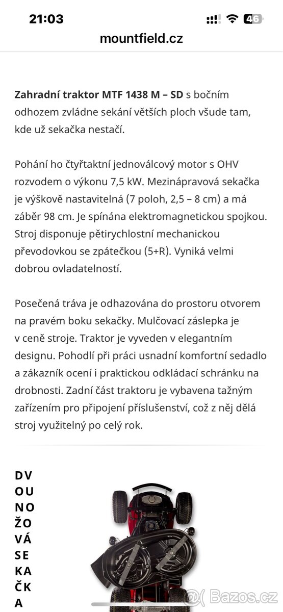 ZAHRADNÍ TRAKTOR MTF 1438 M- SD - 2