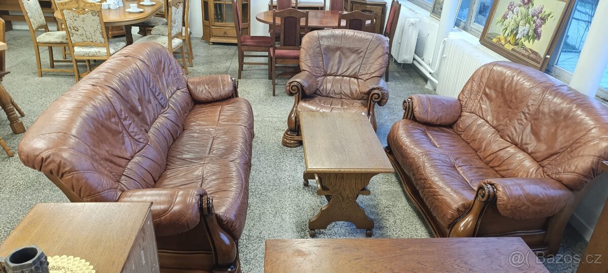 Kožená sedací souprava 3 + 2 + 1, nábytek z masívu - 2