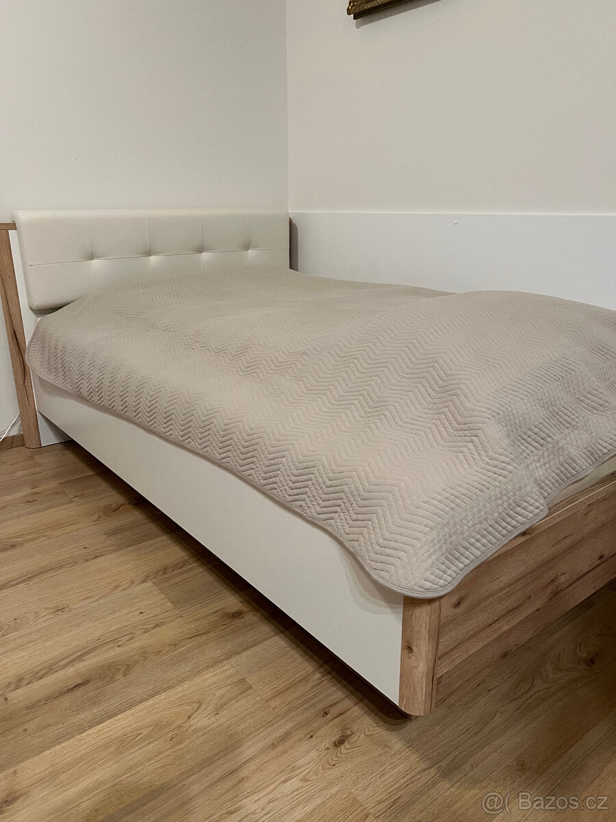 POSTEL, 120/200 cm, bílá, barvy dubu+lamelový postelový rošt - 2