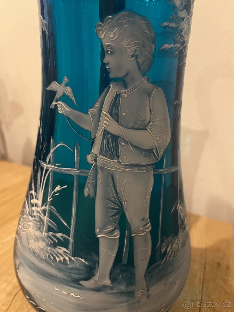 Starožitný modrý džbán s ruční malbou - 2