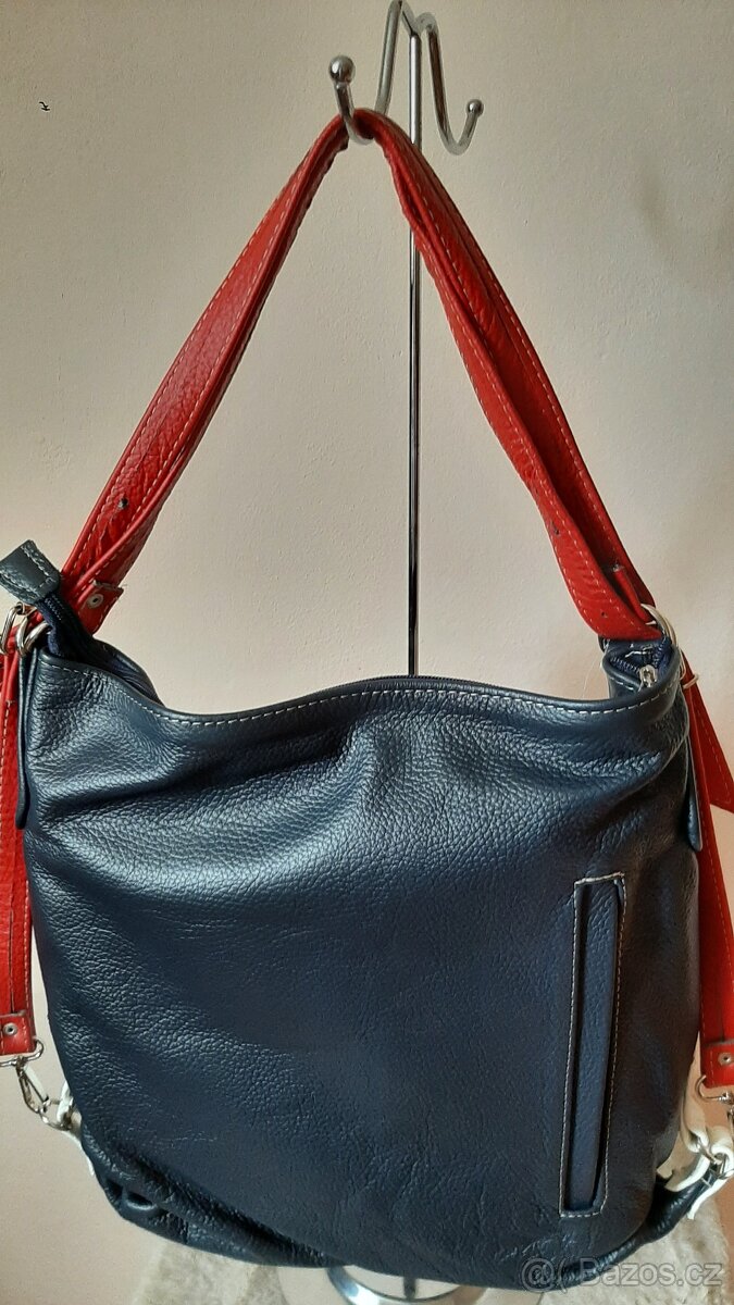 Kabelka - batoh kožená, modro-červená - 2