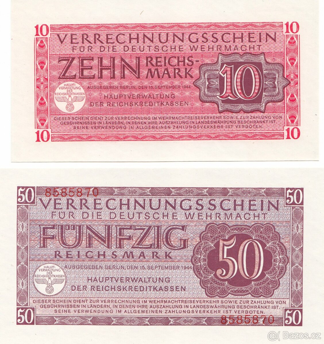 Originální sada bankovekWehrmachtu 1,5,10,50 Reichsmark 1944 - 2