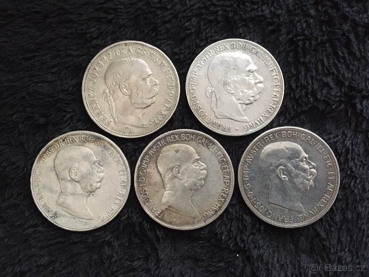 5 kusů stříbrných 5 korun RU F.J.I., každá mince jiná - 2