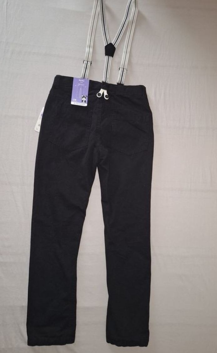 Černé zateplené kalhoty s kšandami, vel. 128 - nové - 2