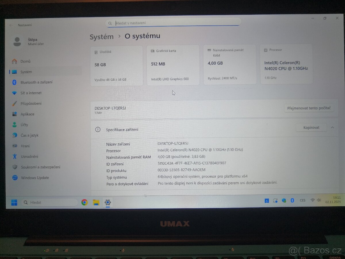 Prodám notebook UMAX - 2