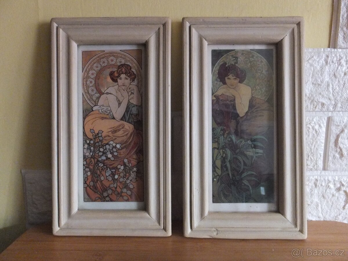 Alfons Mucha, dva zasklené staré obrazy. - 2