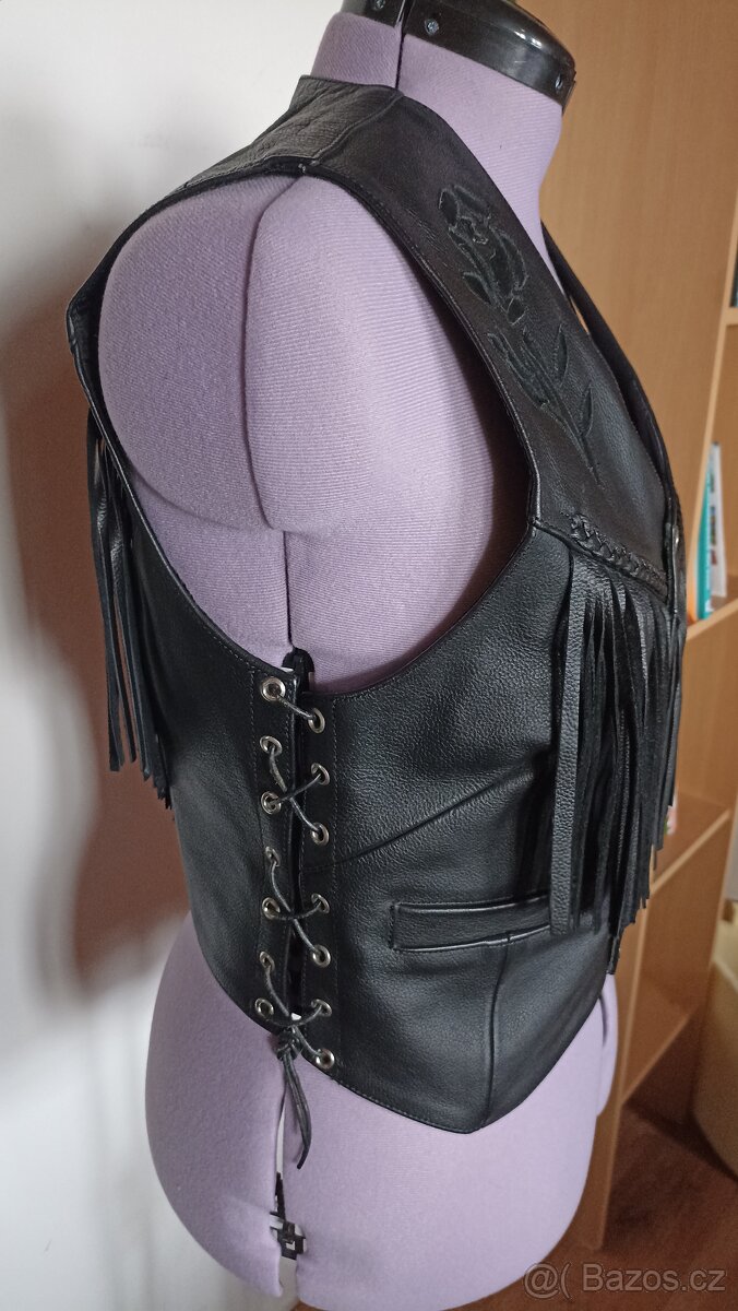 Dámská kožená vesta s třásněmi a růží - 2