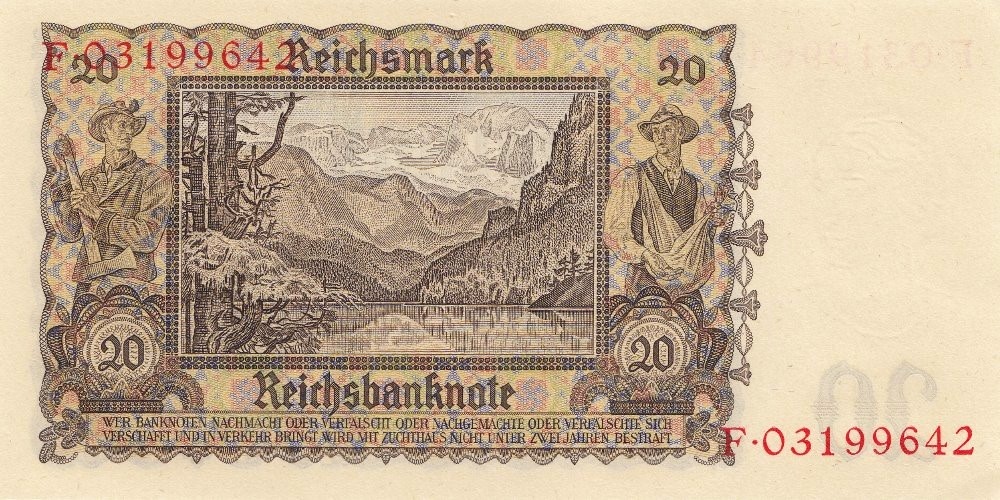 20 Reichsmark 1939, Bankovka platná na našem území. Stav UNC - 2