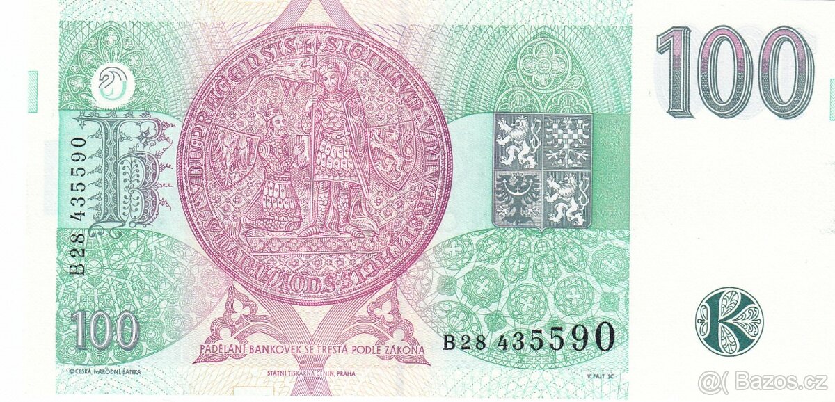 Chybotisk 100 Kč 1995 serie B28,obrácený vodoznakHledaná - 2