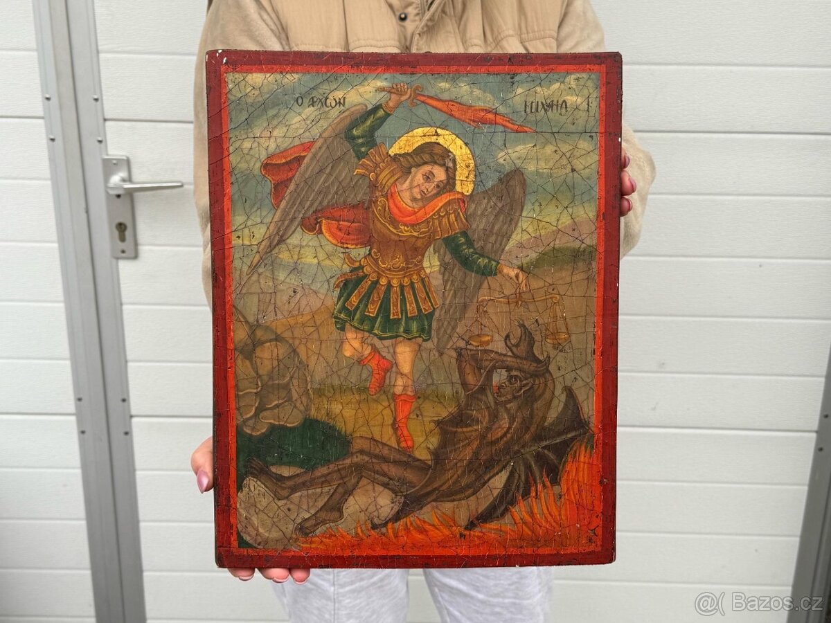 Starožitný XXL malovaný obraz na dřevě Archanděl Michael - 2