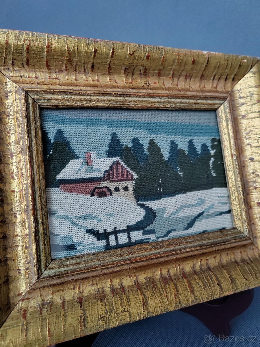 Starožitná gobélínová výšivka v luxusním zlatém rámu - 2