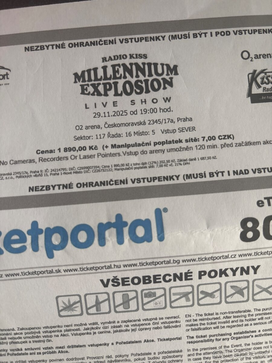 Millennium explosion - Prodám vstupenky + parkovací lístek - 2