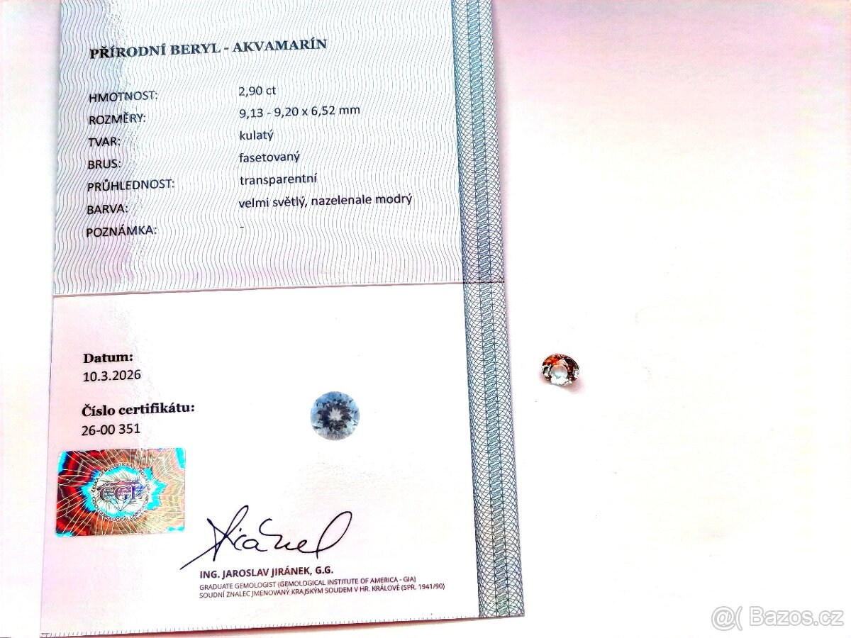 Akvamarín-2,90 ct. + ČGL certifikát - 2