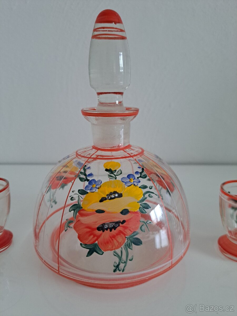 Ručně malovaná retro sada – karafa + 7 panáčků, 60.–70. léta - 2