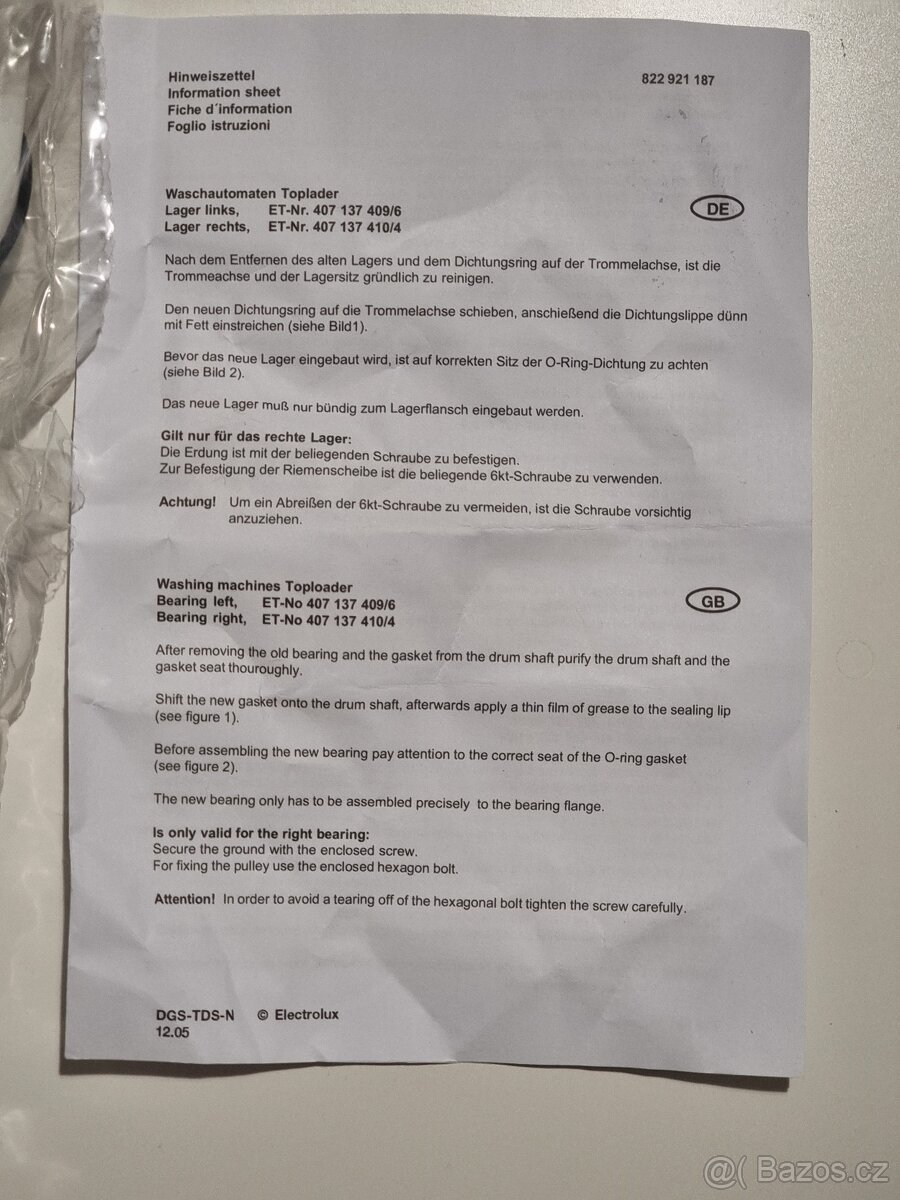 Sada ložisek AEG vrchem plněné pračky 4071430971 4071430963 - 2