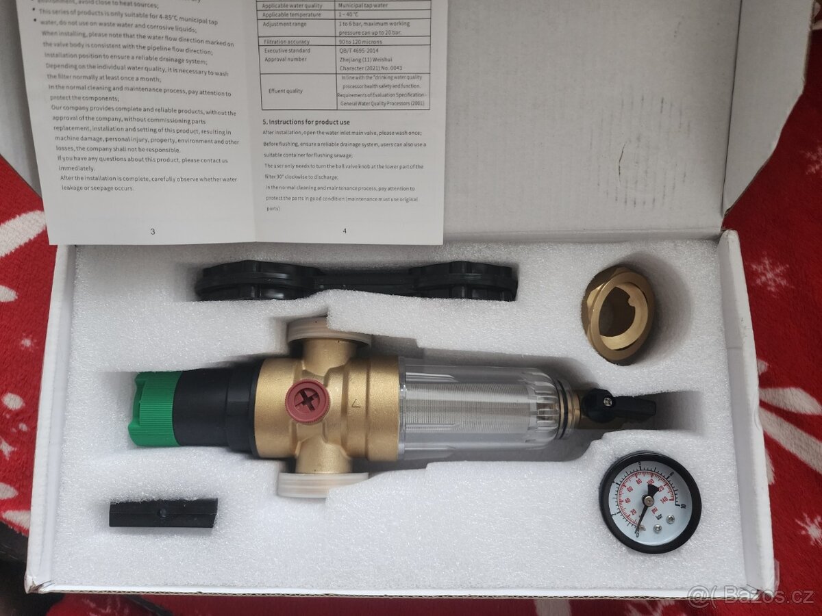 Mosazný předfiltr vody s regulátorem tlaku a manometrem - 2
