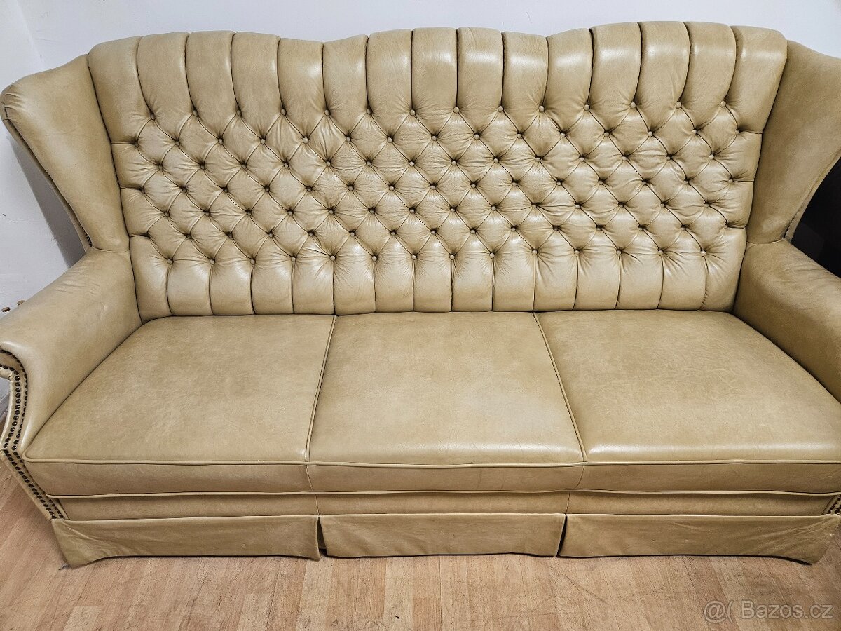 Chesterfield štýl,kožená vysoká sedačka,farba cappuccino - 2