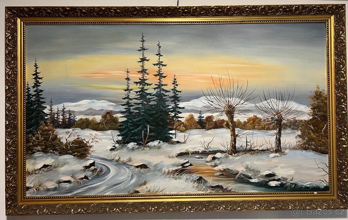 Obraz zimní krajina se zlatým rámem – zachovalý stav - 2