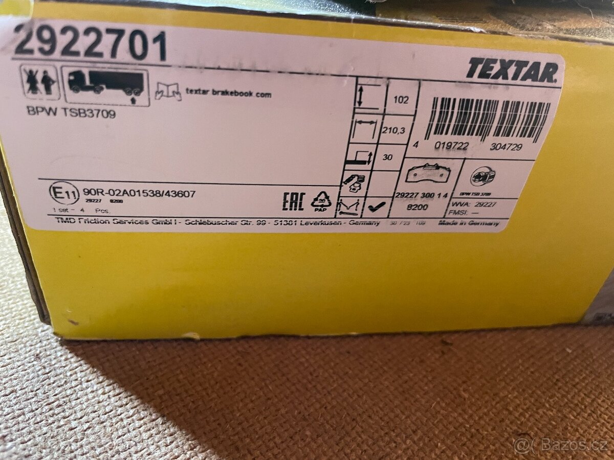 Textar 2922701 BPW Brzdové destičky - 2