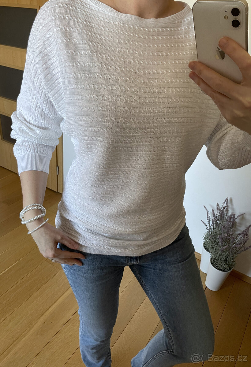 Sněhově bílý copánkový svetr Ralph Lauren, vel. L - 2