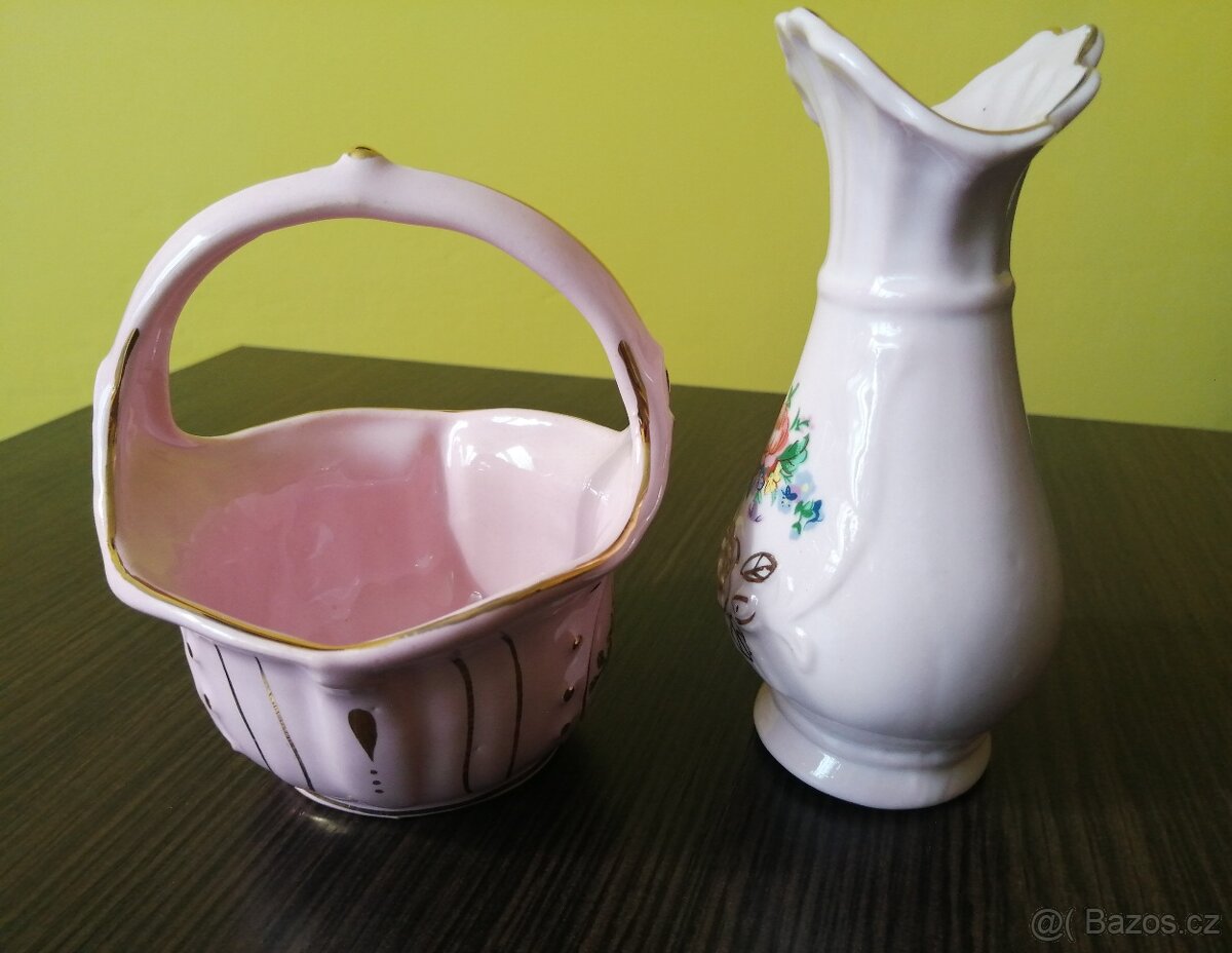 Růžový porcelán košík a váza - 2